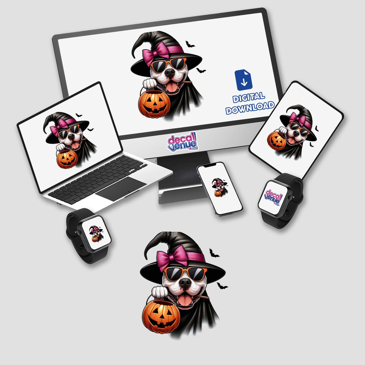 Halloween Trick or Treat Pitbull Bully Dog depicted on laptop and computer screens, featuring a dog wearing a hat and sunglasses holding a pumpkin. Available as stickers or digital artwork.