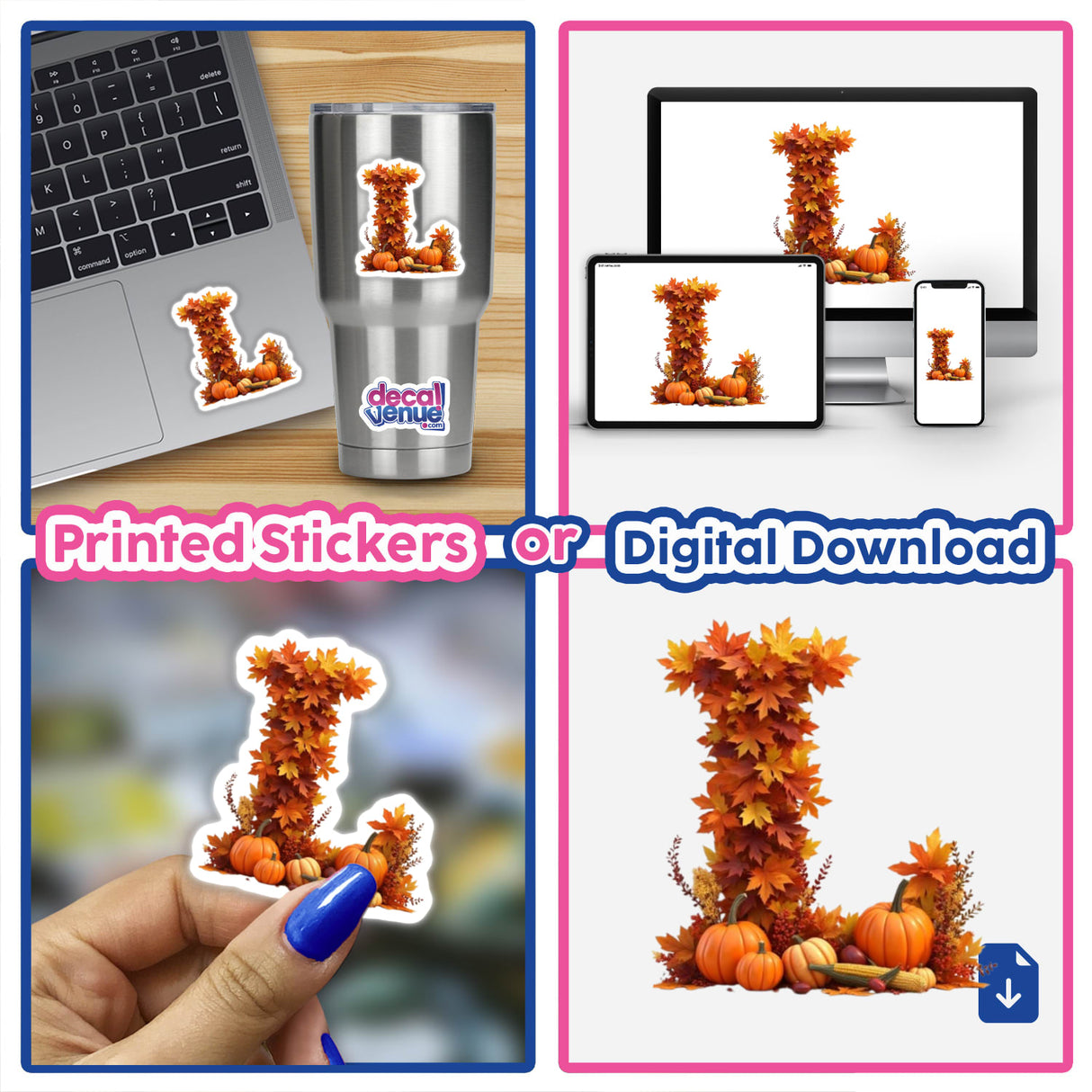 Thanksgiving Letter L Clipart featuring fall leaves and pumpkins, available as stickers or digital artwork for commercial use.