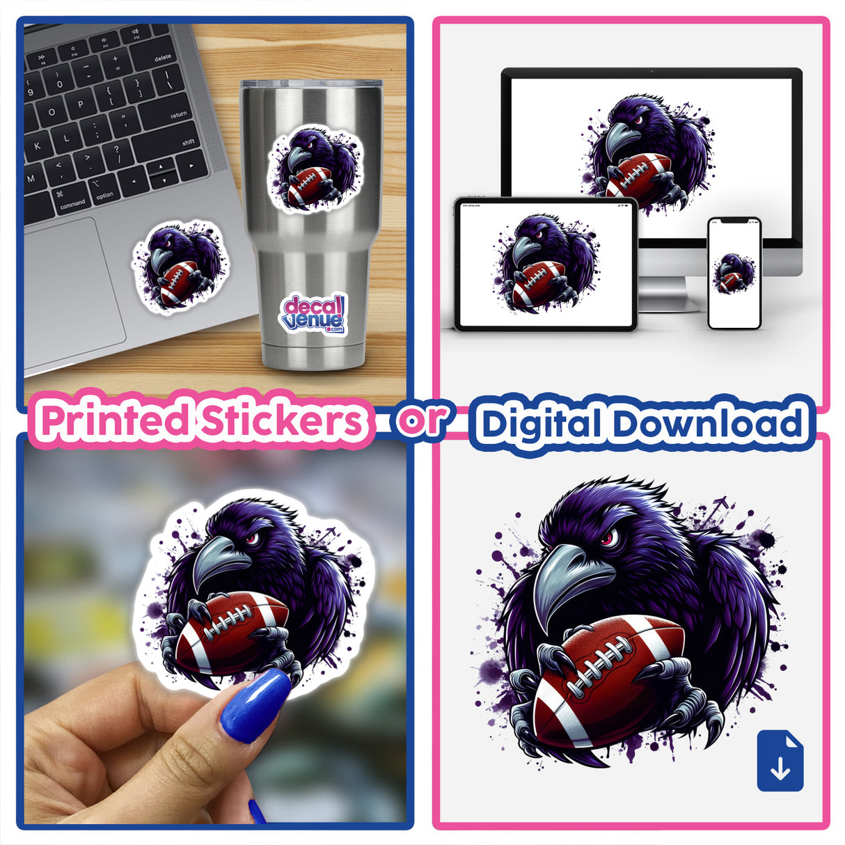 Angry Purple Ravens Football Bird design, shown as vinyl stickers on various items and as a digital download on devices, highlighting its versatility from Decal Venue's unique sticker and digital art offerings.