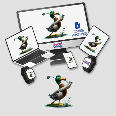 Mallard Duck Hitting Golf Ball displayed on a computer monitor, laptop, tablet, smartphone, and smartwatch. Available as stickers or digital artwork.