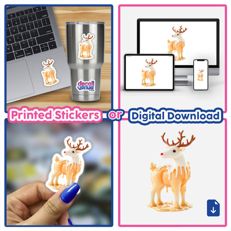 Reindeer Dripping Candle Wax collage, featuring a toy reindeer with melted cream, available as stickers or digital artwork. Perfect for unique sticker collections from Decal Venue.