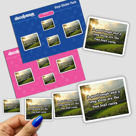 Sticker pack titled A Good Laugh and Long Sleep Irish Quote on Scenic Countryside, showcasing a scenic field with stone walls, available as stickers or digital artwork at Decal Venue.