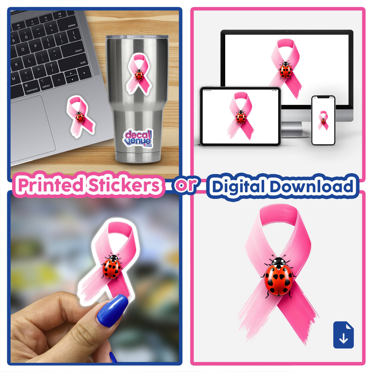 Ladybug Pink Ribbon Breast Cancer design featuring ladybugs on pink ribbons, shown on various items like a laptop and cup. Available as stickers or digital artwork from Decal Venue.