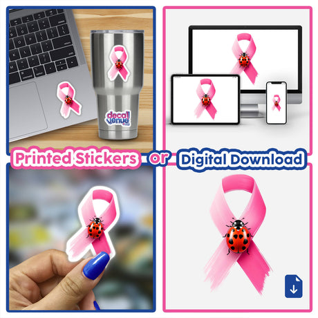 Ladybug Pink Ribbon Breast Cancer design featuring ladybugs on pink ribbons, shown on various items like a laptop and cup. Available as stickers or digital artwork from Decal Venue.