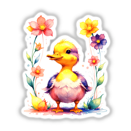 A Cute Baby Duck With Blooming Flowers depicted as a cartoon illustration, available as stickers or digital artwork from Decal Venue, showcasing the duck surrounded by vibrant flowers.