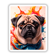 Cute pug wearing a vibrant scarf, captured in a charming animal portrait. Available as stickers or digital artwork, perfect for Decal Venue's unique vinyl collection.