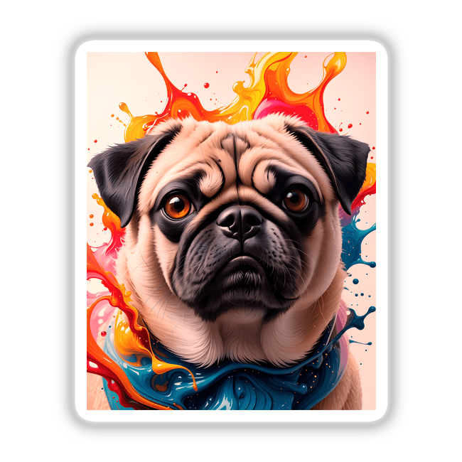 Cute pug wearing a vibrant scarf, captured in a charming animal portrait. Available as stickers or digital artwork, perfect for Decal Venue's unique vinyl collection.