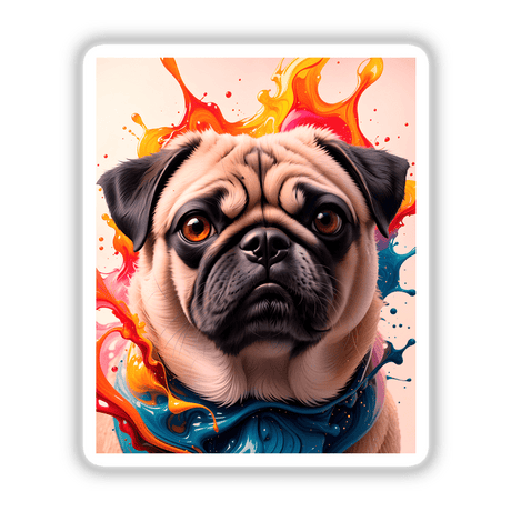 Cute pug wearing a vibrant scarf, captured in a charming animal portrait. Available as stickers or digital artwork, perfect for Decal Venue's unique vinyl collection.