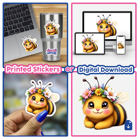 Charming Bee Wearing a Vibrant Flower Crown collage featuring cartoon bees on various items like laptops and cups, available as stickers or digital artwork to enhance any space.