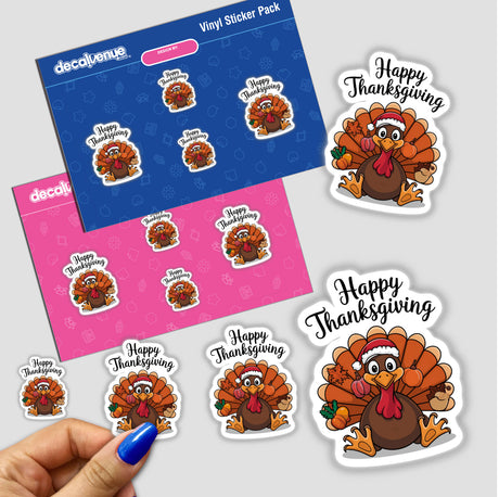 Happy Thanksgiving Turkey Bird III sticker pack featuring a cartoon turkey with a hat, surrounded by pumpkins and vegetables, held in a hand, highlighting the unique design offered by Decal Venue.