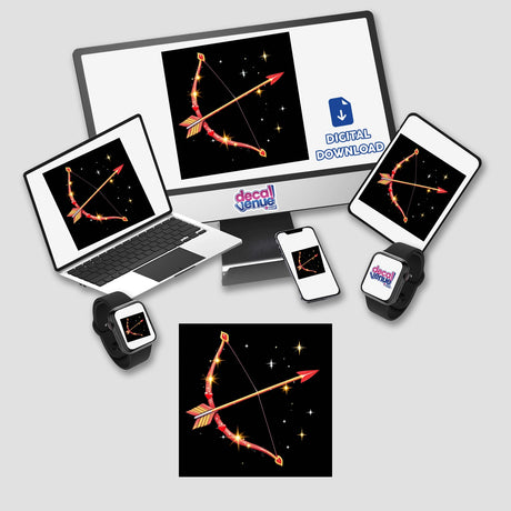 Cupid’s Bow and Arrow digital artwork displayed on a computer monitor and laptop, highlighting its availability as unique stickers or digital art from Decal Venue.
