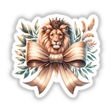 Lion Coquette Bow: Illustration of a crowned lion adorned with a bow, available as stickers or digital artwork.