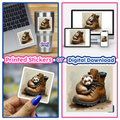 Collage of a laptop and Ferret on Worn Hiking Boot stickers, showcasing a close-up of the ferret hugging a boot design. Available as stickers or digital artwork.