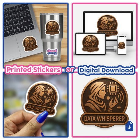 Data Whisperer – RPG-Style Skill Badge featuring a bronze futuristic crest, available as detailed stickers or digital artwork, ideal for fans of unique vinyl designs and digital artistry.