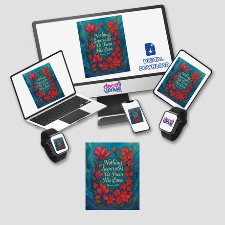 Nothing Separates Us Quote Christian Sticker or Clipart featuring Romans 8:39 floral design, displayed on a computer monitor, laptop, phone, and tablet, highlighting its versatility for digital or sticker formats.