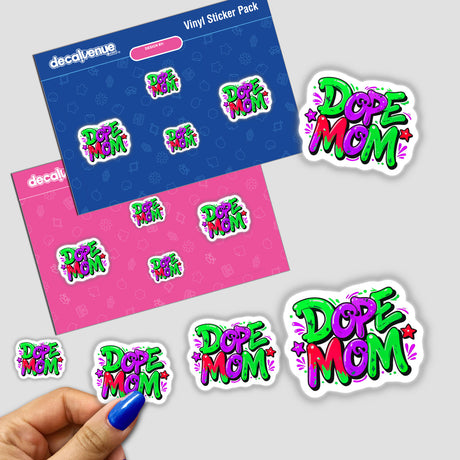 Hand holding a Dope Mom sticker, featuring vibrant text and playful design elements, representing Decal Venue's unique vinyl stickers and digital art offerings.