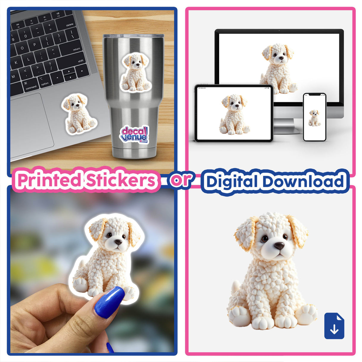 Collage featuring Marshmallow Dog stickers and digital artwork, highlighting a white stuffed dog toy, a dog statue, and a dog image on a stainless steel tumbler.