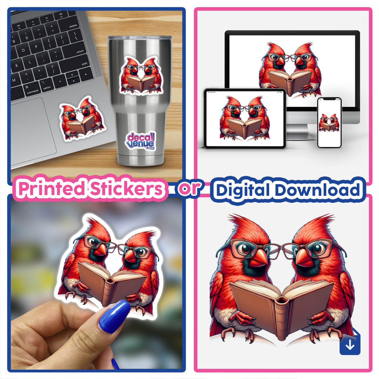 Two cardinal birds in reading glasses are depicted reading an open book. This image is available as stickers or digital artwork, showcasing unique vinyl designs from Decal Venue.