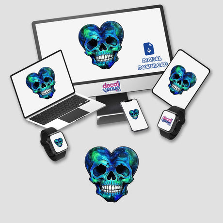 Galactic Heart Skull design displayed on a computer monitor, laptop, and various devices, available as vinyl stickers or digital artwork. Ideal for tech enthusiasts seeking unique, edgy decor.