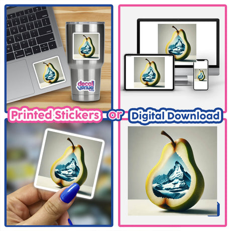 Collage featuring Frosted Peaks Mountain Range Inside a Pear with various pear images, some with mountain graphics, alongside a laptop displaying the artwork. Available as stickers or digital artwork.