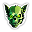 Hybrid Human Dog Skull: A cartoon illustration of a green skull with yellow eyes, available as stickers or digital artwork from Decal Venue, known for unique vinyl stickers and digital art.