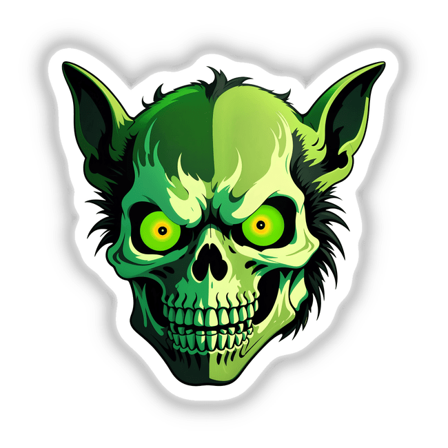 Hybrid Human Dog Skull: A cartoon illustration of a green skull with yellow eyes, available as stickers or digital artwork from Decal Venue, known for unique vinyl stickers and digital art.