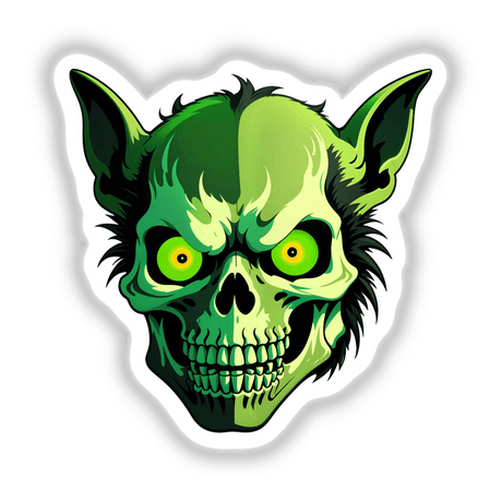 Hybrid Human Dog Skull: A cartoon illustration of a green skull with yellow eyes, available as stickers or digital artwork from Decal Venue, known for unique vinyl stickers and digital art.