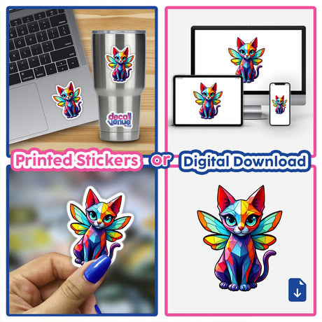Cute Geometric Fairy Cat sticker displayed on a laptop, also available as digital artwork. The collage includes a hand holding the sticker, showcasing its vibrant, playful design.