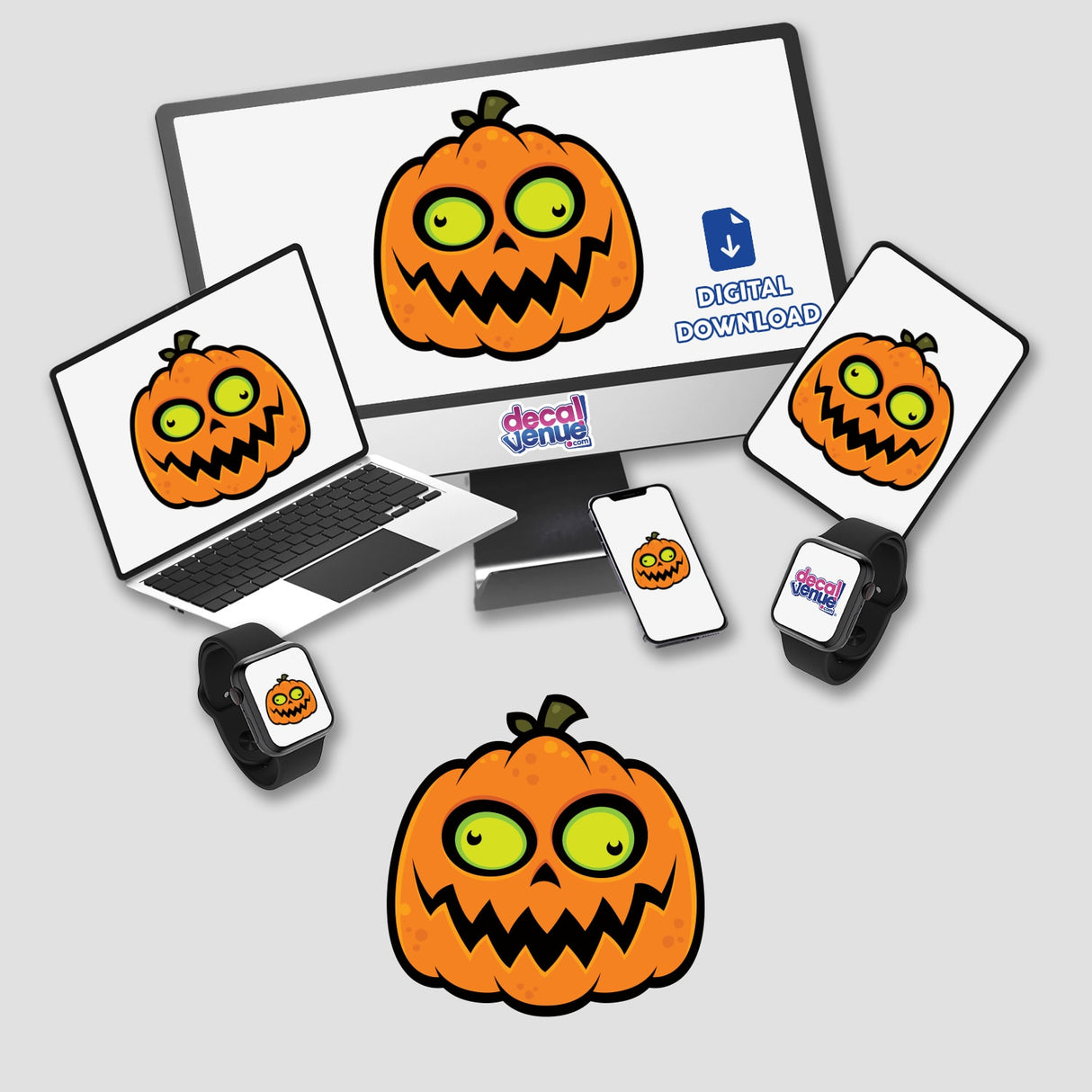 Crazy Pumpkin sticker pack featuring cartoon pumpkins displayed on various tech screens, including laptops and monitors, perfect for adding a festive touch to your devices.