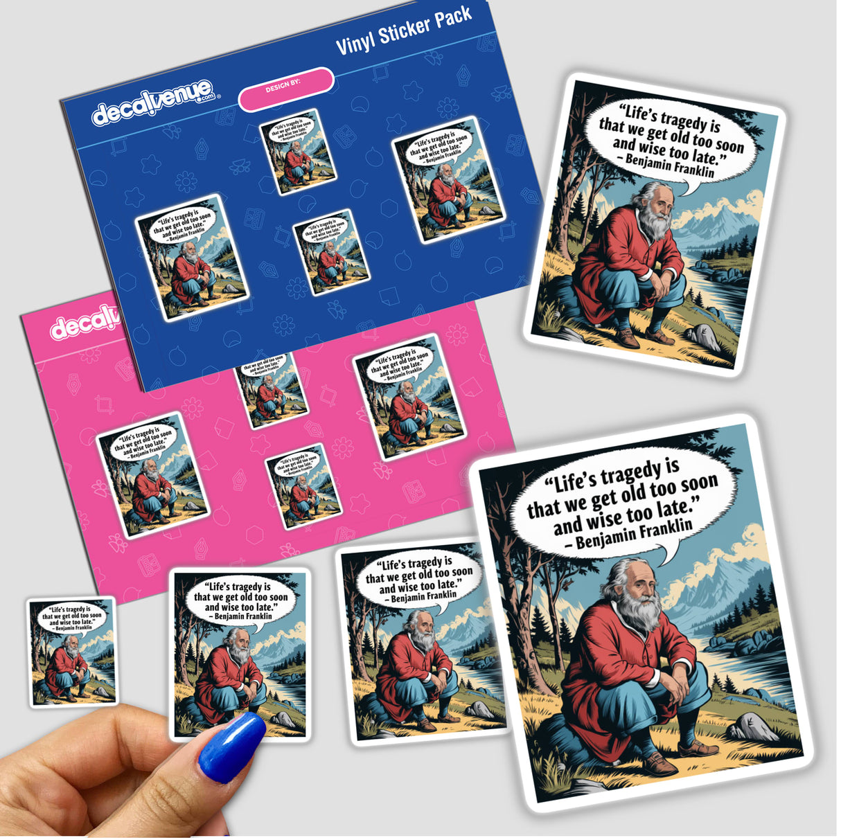Hand holding a Benjamin Franklin Quotes About Life Clipart sticker pack, available as stickers or digital artwork, featuring cartoon illustrations and commercial rights download prints.