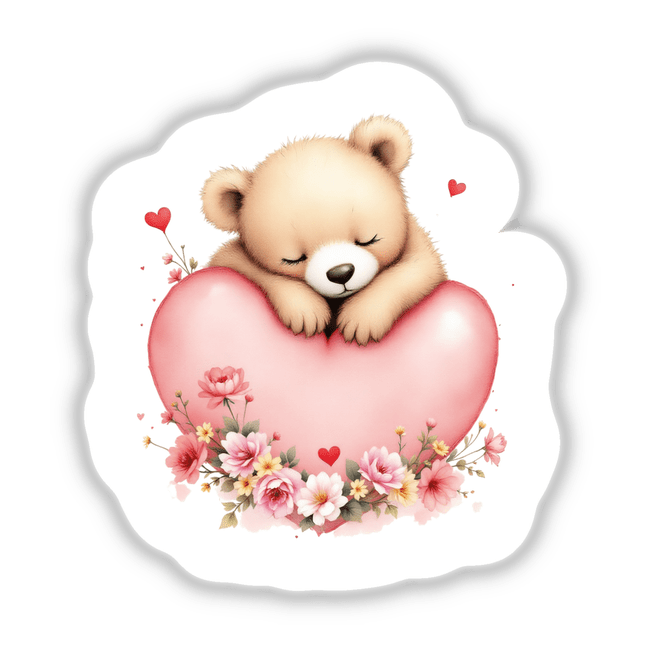 Sleepy Baby Bear with Valentine’s Heart: A charming teddy bear cuddling a heart, available as vibrant stickers or digital art, perfect for adding sweetness to surfaces or digital spaces.
