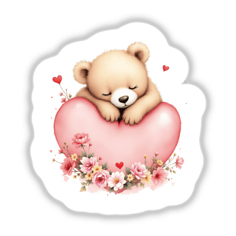 Sleepy Baby Bear with Valentine’s Heart: A charming teddy bear cuddling a heart, available as vibrant stickers or digital art, perfect for adding sweetness to surfaces or digital spaces.