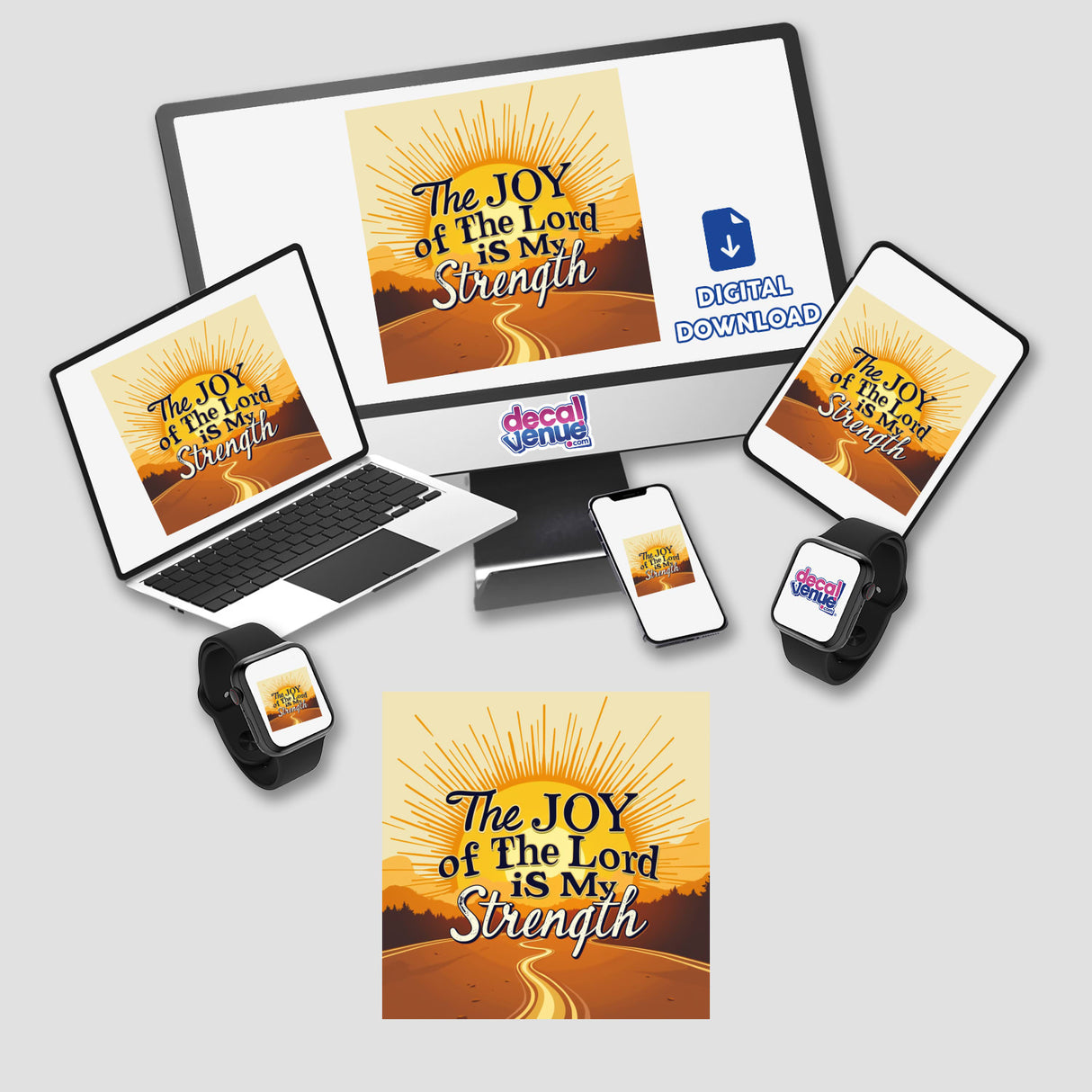 The Joy of the Lord is My Strength sticker and clipart, featuring a laptop, monitor, phone showcasing a road scene, and various devices, representing Nehemiah 8:10 Christian quote and Bible verse.