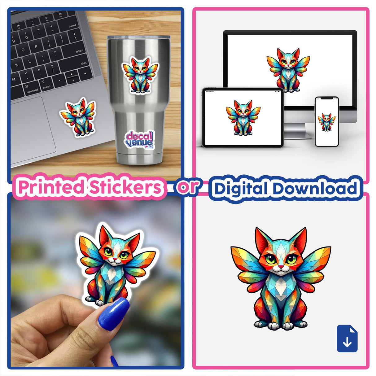 A Cute Geometric Fairy Cat sticker collage featuring a colorful winged cat on various surfaces, including a laptop and a cup, highlighting its versatility in Decal Venue's unique sticker collection.