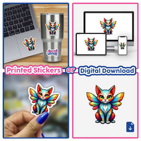 A Cute Geometric Fairy Cat sticker collage featuring a colorful winged cat on various surfaces, including a laptop and a cup, highlighting its versatility in Decal Venue's unique sticker collection.