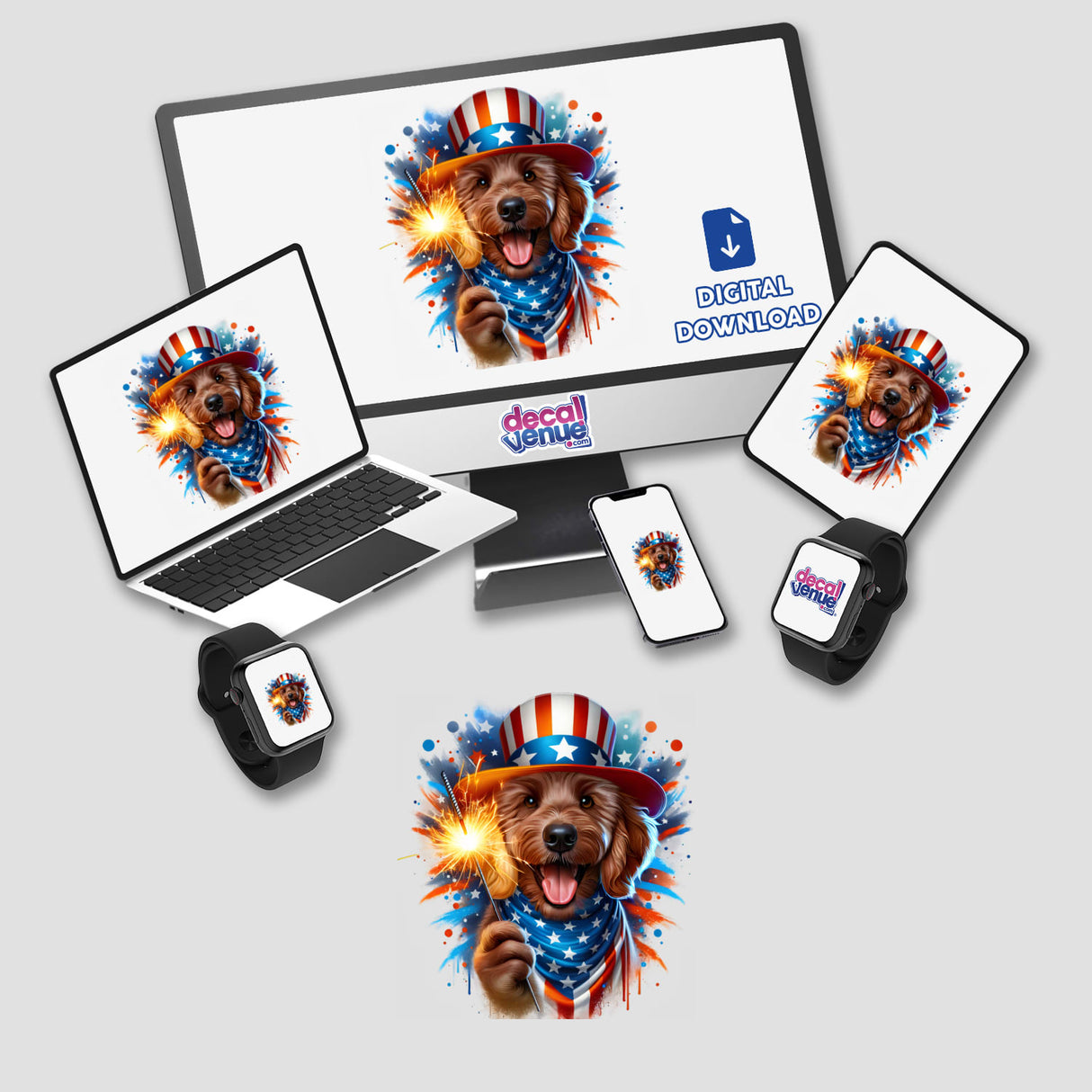 Colorful digital artwork of a Goldendoodle dog holding a sparkler and wearing a patriotic hat and bandana
