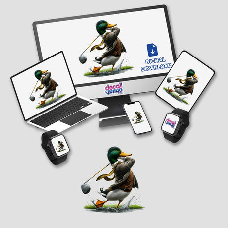Mallard duck golfer swinging club on various digital devices