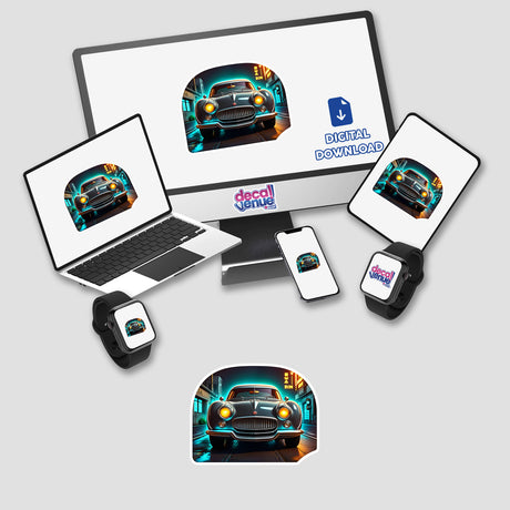 A Classic Futuristic Car displayed on a computer monitor and laptop, showcasing its sleek design, available as stickers or digital artwork from Decal Venue.