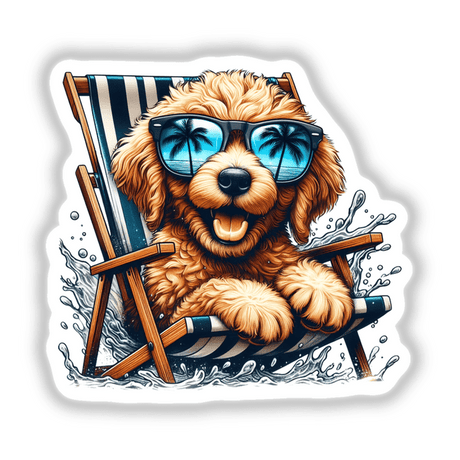 Peeking Golden Doodle Sitting in Beach Chair II: A whimsical illustration of a dog wearing sunglasses, seated in a chair, available as unique stickers or digital artwork from Decal Venue.