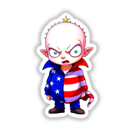 Funny cartoon boy in an American flag outfit, featuring stars and green eyes, available as stickers or digital artwork from Decal Venue. Perfect for unique, vibrant vinyl sticker collections.