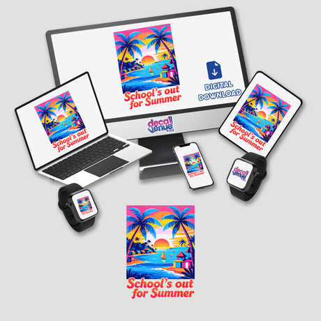 School's Out For Summer Quote displayed on a computer monitor, laptop, and phone, representing a digital artwork available as stickers or digital art, perfect for summer-themed decor.