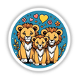 Colorful digital illustration of a loving lion family surrounded by hearts, flowers, and stars on a blue background. The product image features a trio of adorable lions with expressive faces, showcasing their family bond. This digital artwork would make a charming sticker or digital download for those looking to express their style and appreciation for nature's majestic creatures.