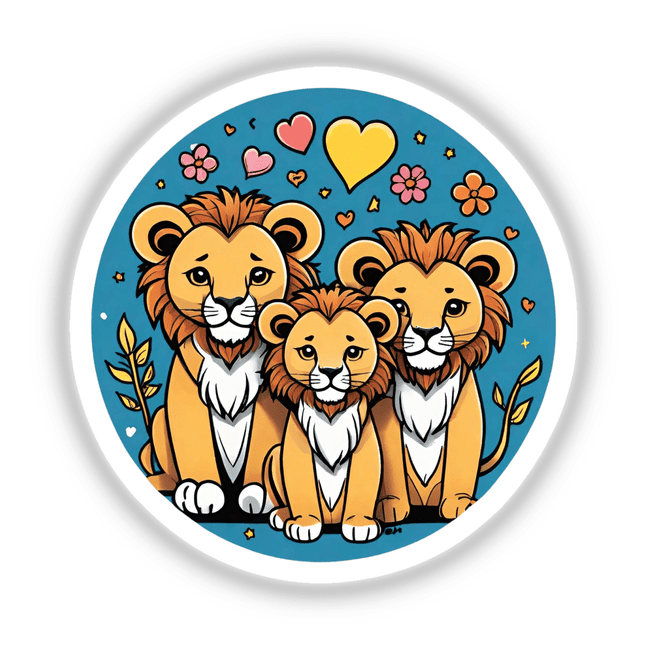 Colorful digital illustration of a loving lion family surrounded by hearts, flowers, and stars on a blue background. The product image features a trio of adorable lions with expressive faces, showcasing their family bond. This digital artwork would make a charming sticker or digital download for those looking to express their style and appreciation for nature's majestic creatures.