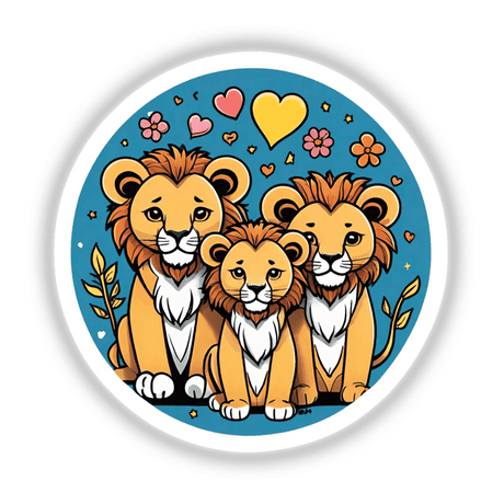 Colorful digital illustration of a loving lion family surrounded by hearts, flowers, and stars on a blue background. The product image features a trio of adorable lions with expressive faces, showcasing their family bond. This digital artwork would make a charming sticker or digital download for those looking to express their style and appreciation for nature's majestic creatures.