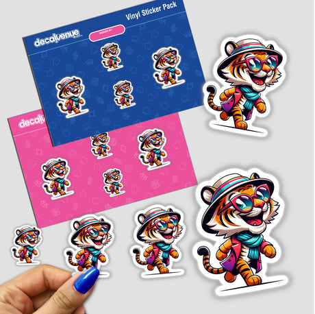 Trendy Tiger sticker pack featuring various cartoon tigers wearing hats and sunglasses. Available as stickers or digital artwork from Decal Venue.