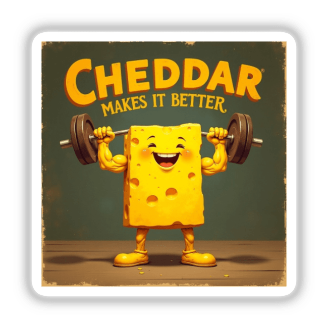 Cheddar Makes It Better design featuring a cartoon character lifting weights with a cheese block, available as stickers or digital artwork for food and cheese lovers.