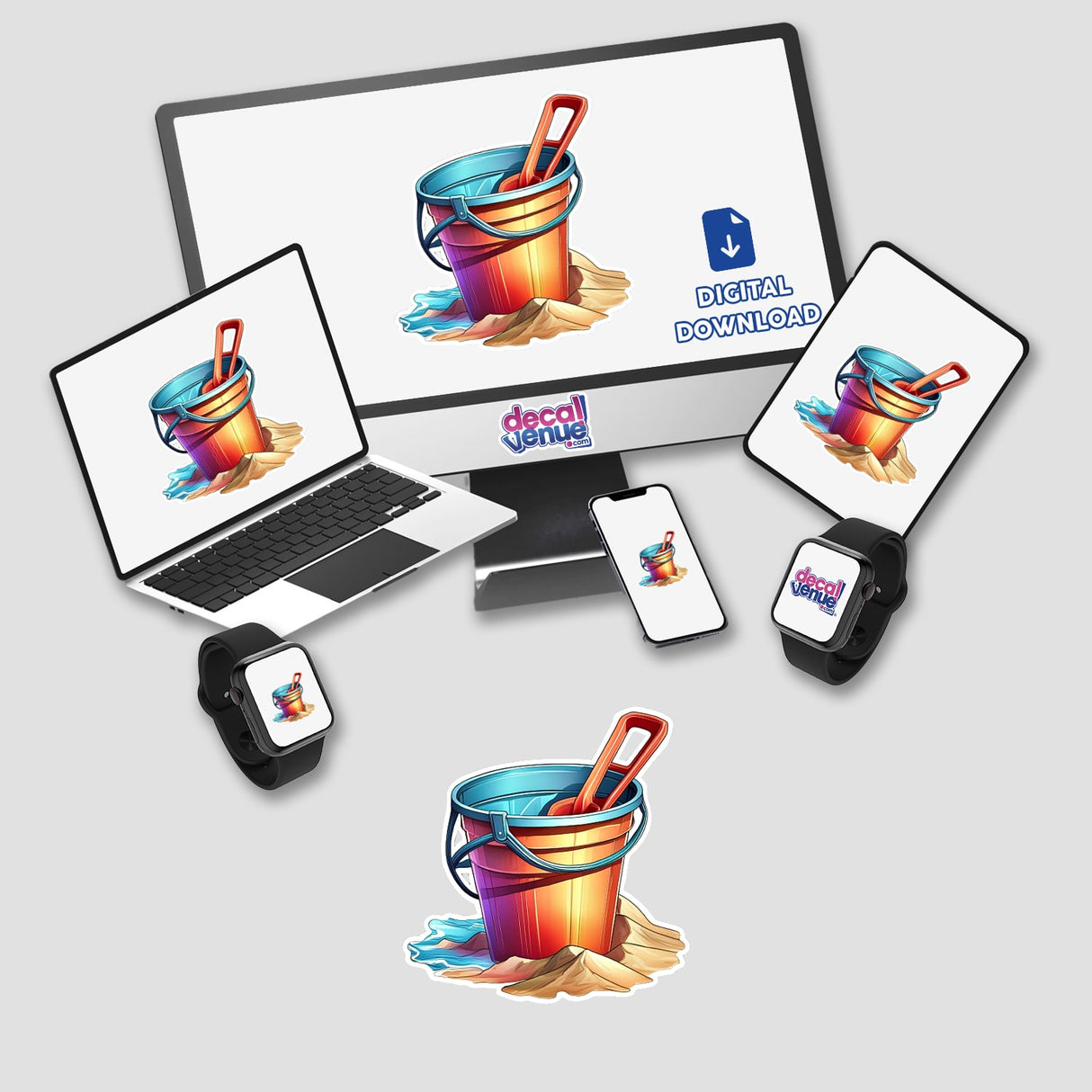 Colorful beach pail and shovel digital artwork displayed on various digital devices from Decal Venue, an online store offering unique stickers and digital art.