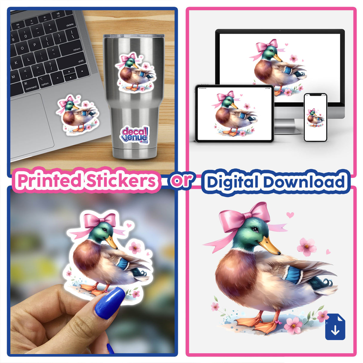Collage featuring 'Halloween Pumpkin and Bat Coquette Bow' stickers and digital artwork, including multiple ducks with bows and a close-up of a sticker on a cup.