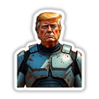 Futuristic President Donald Trump cartoon in armor, available as stickers or digital artwork.