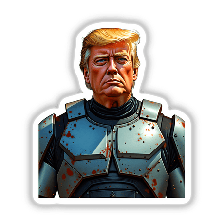 Futuristic President Donald Trump cartoon in armor, available as stickers or digital artwork.
